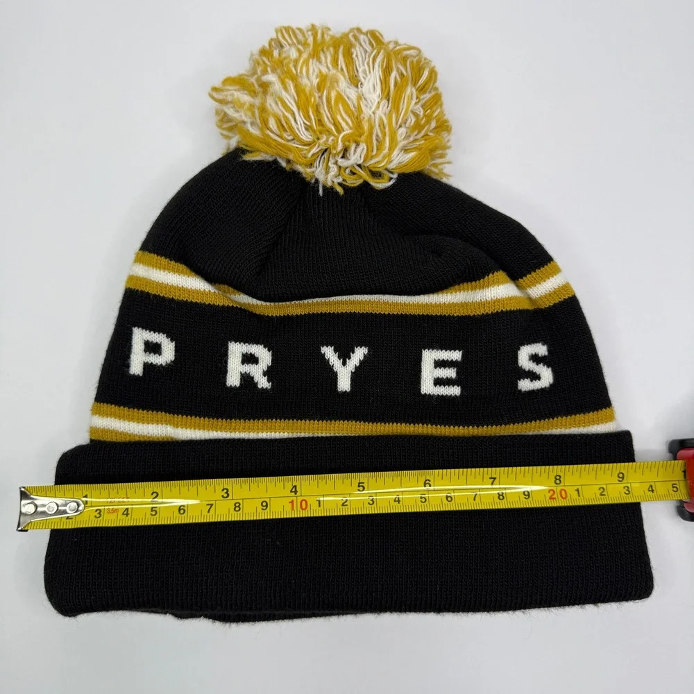 Pryes Brewing Beanie Mens OSFM Black Gold Striped Pom Pom Knit Hat Craft Beer